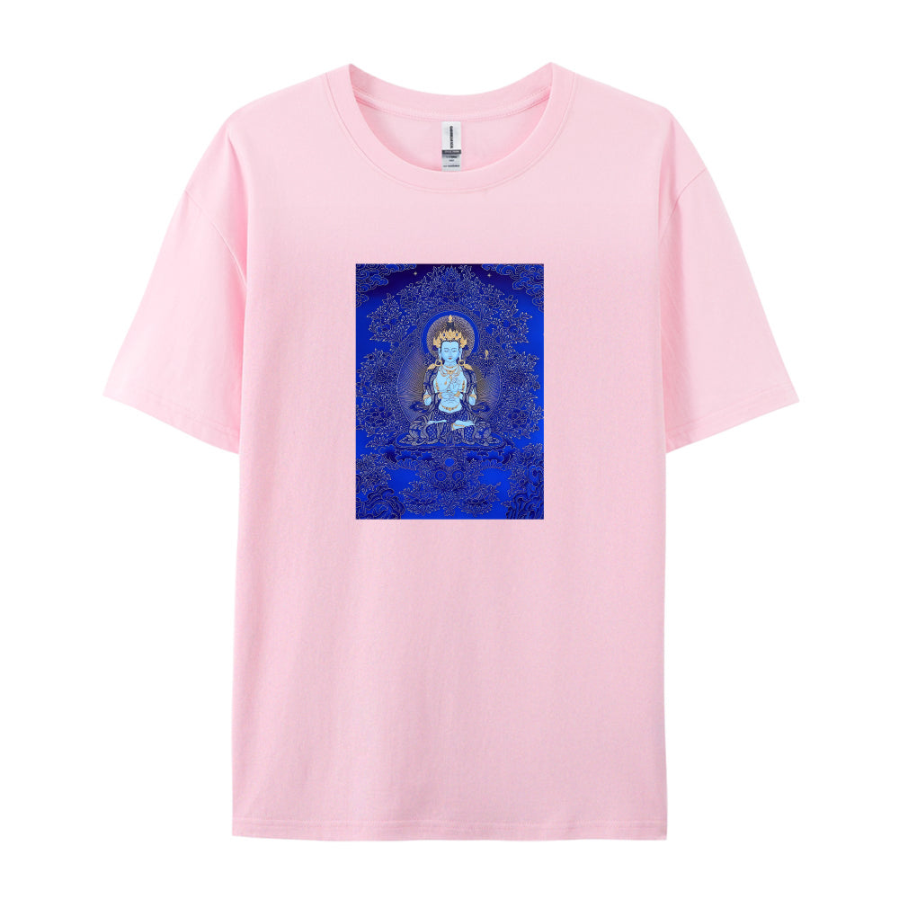 Buddha Art Print T-Shirt for Men Women - Blue Meditation Design Graphic Tee - Comfortable Casual Cotton Top - Spiritual Yoga Clothing - Unique Gift Idea