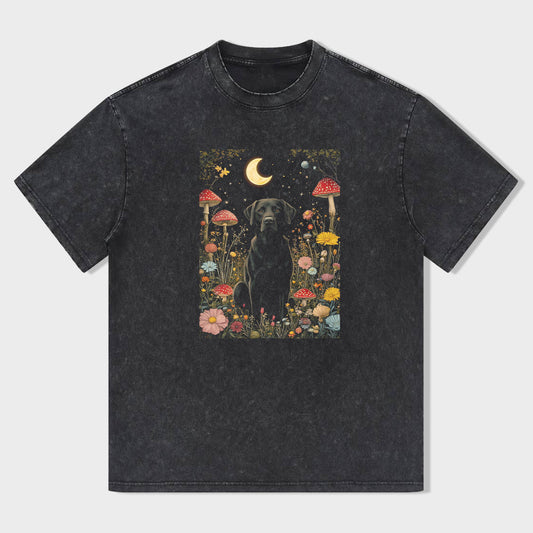 Black Dog in Floral Garden Graphic T-Shirt