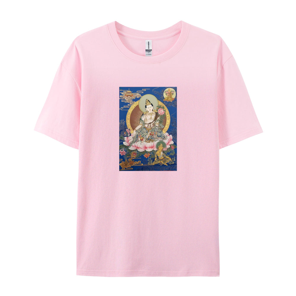 Buddhist Thangka Art T-Shirt for Men Women - White Cotton Tee with Traditional Tibetan Lotus Flower Design - Comfortable Casual Wear for Yoga Meditation and Daily Use