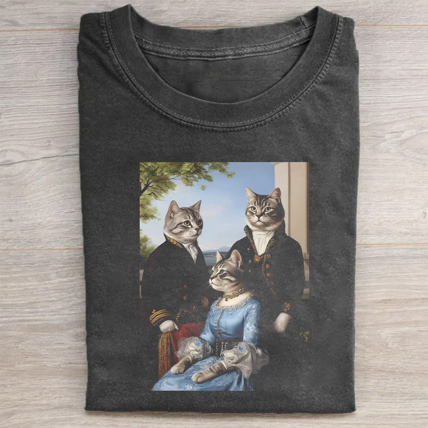 Vintage Black T-Shirt with Cat Family Portrait Art Print - Unisex T-Shirt