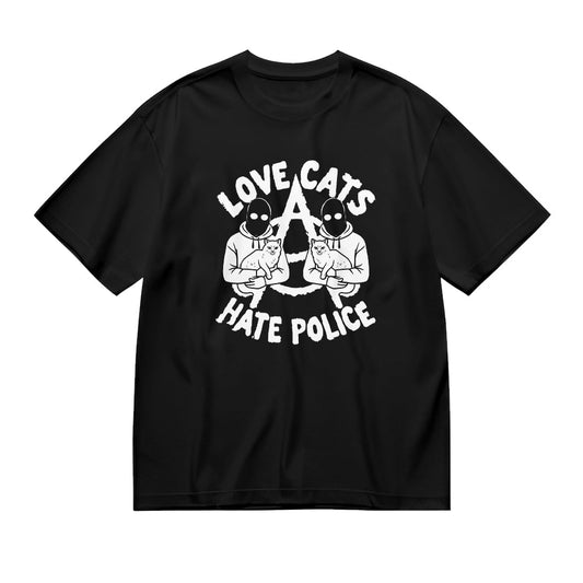 Love Cats Hate Police Anarchy Symbol Graphic T-Shirt
