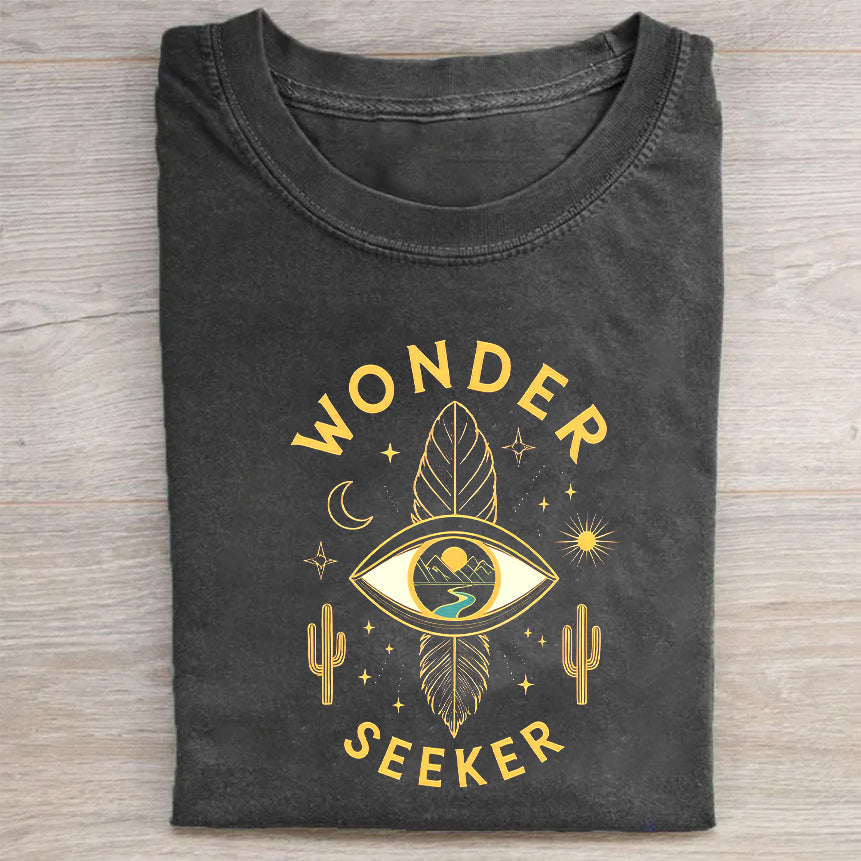 Retro T-Shirt Black Wonder Seeker Eye and Cactus Print for Travel Adventures