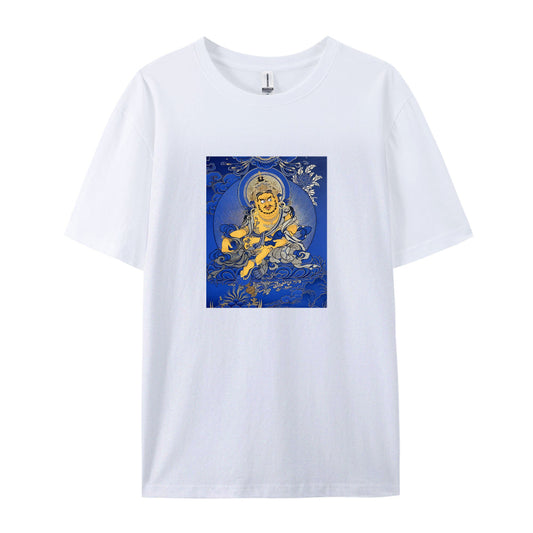 Buddhist Thangka Art T-Shirt Blue and Gold Buddha Design Spiritual Meditation Clothing Unique Graphic Tee for Men Women Comfortable Cotton Top Traditional Tibetan Style Apparel