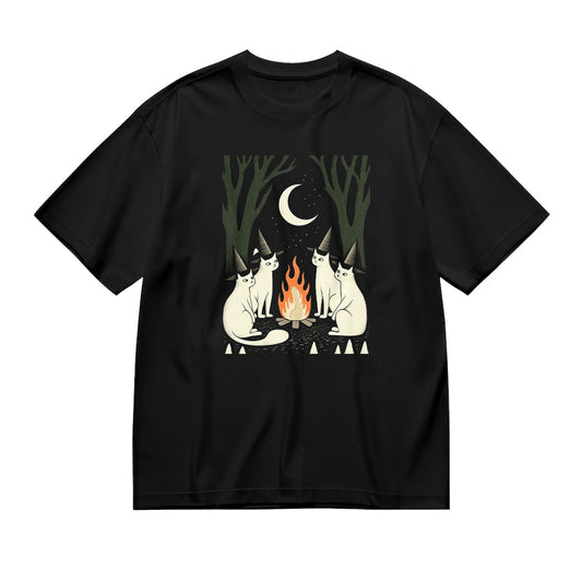 Black Graphic T-Shirt with Cats Around Campfire Design - Unisex T-Shirt