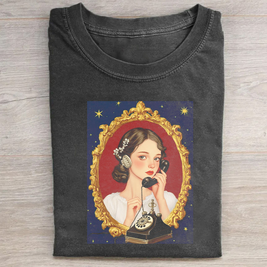 Vintage Black T-Shirt with Baroque Portrait Print
