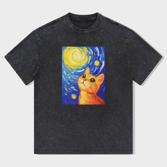 Van Gogh Starry Night Cat Art Print Men's Graphic T-Shirt
