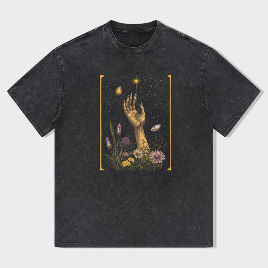 Mystical Hand Reaching for Star Floral Print Graphic T-Shirt