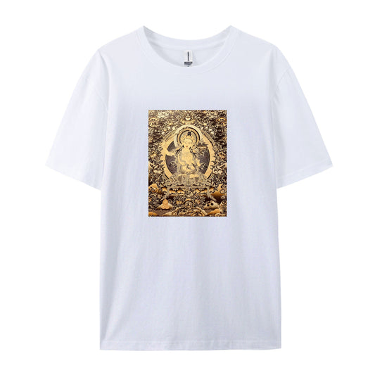 Buddhist Deity Art Print T-Shirt for Men Women Spiritual Meditation Clothing Unique Design Graphic Tee Comfortable Casual Wear Gold and Brown Pattern Top