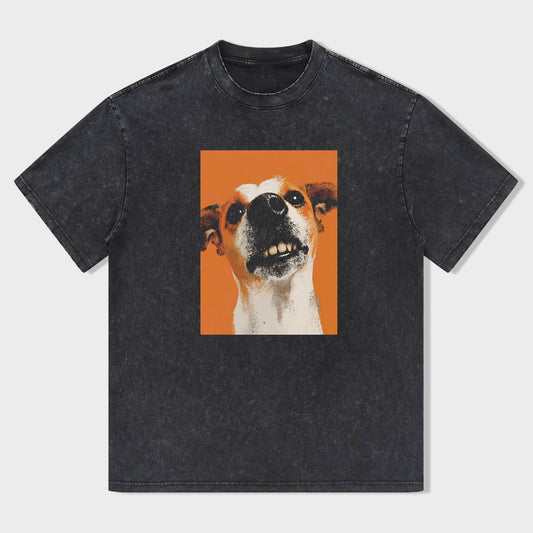 Vintage Washed Black T-Shirt with Unique Dog Graphic Print for Men Women Casual Wear T-Shirt