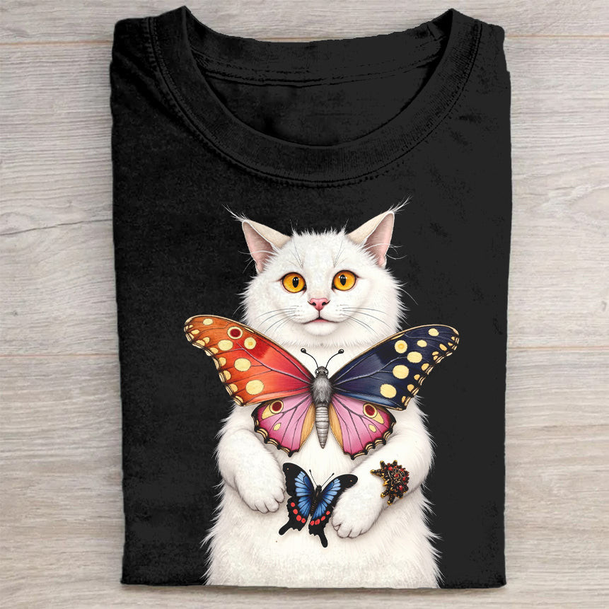 Cute Cat with Butterfly Graphic T-Shirt