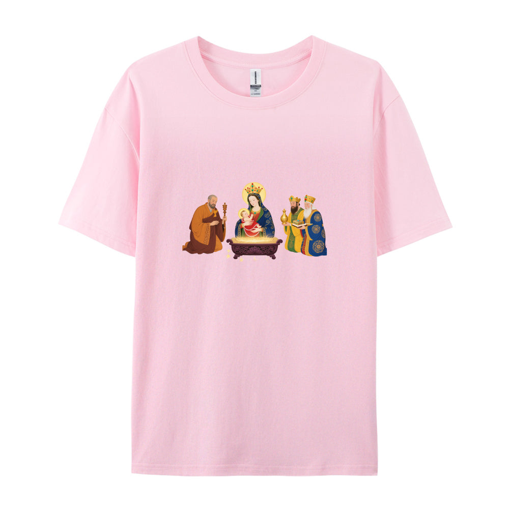 Christmas Nativity Scene T-Shirt Three Wise Men and Virgin Mary Design Festive Holiday Clothing for Men Women Kids Comfortable Cotton Tee Xmas Gift Idea Religious Christian Apparel