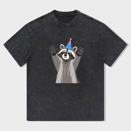 Retro Crew Neck T-Shirt Black Raccoon in Party Hat Print Casual Daily Wear