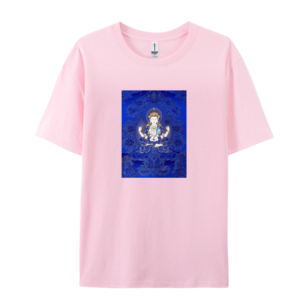 White T-Shirt with Blue Tibetan Buddha Design for Men Women Unisex Casual Wear Spiritual Clothing