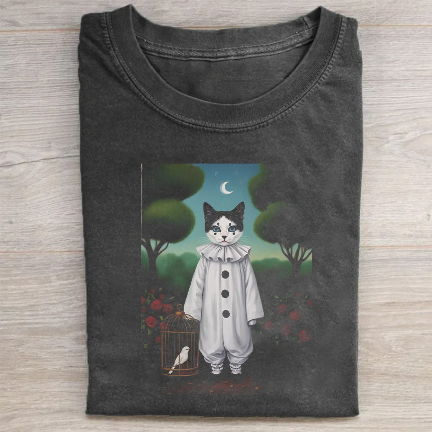 Vintage Black T-Shirt with Cute Cat Clown Graphic Print