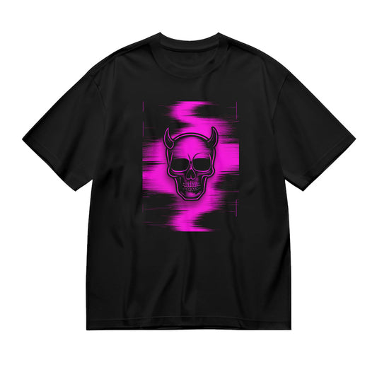 Black T-Shirt with Neon Pink Skull Graphic Design