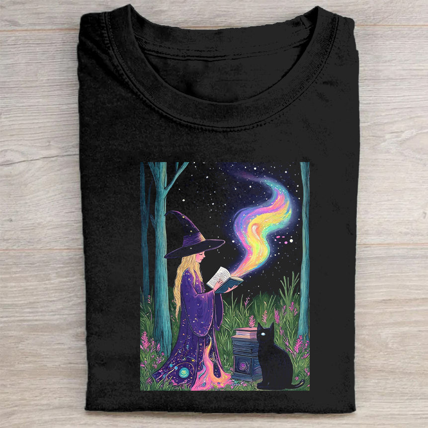 Mystical Cat Forest Night Rainbow Graphic T-Shirt