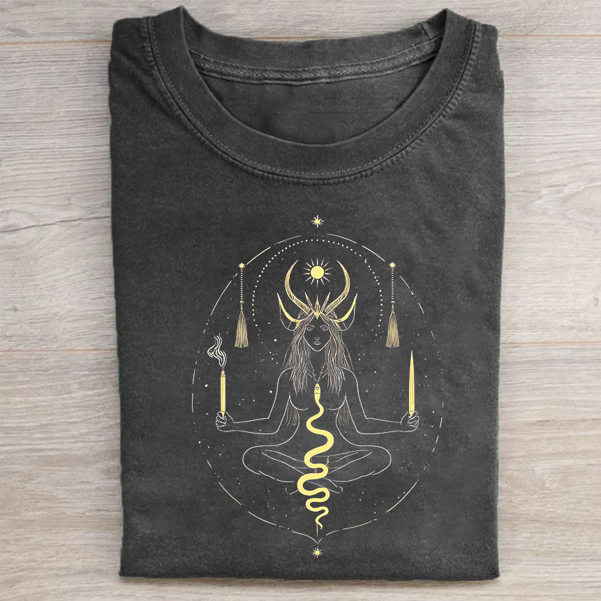 Round Neck Black T-Shirt with Golden Mystic Symbol Print for Casual Wear