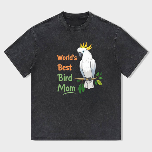 Crew Neck Black T-Shirt with World's Best Bird Mom Cockatoo Print for Pet Lovers