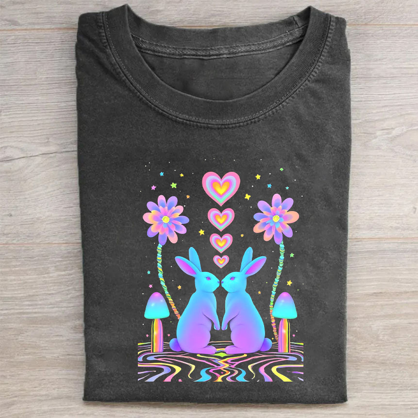 Colorful Bunny Rabbit with Flowers Graphic T-Shirt