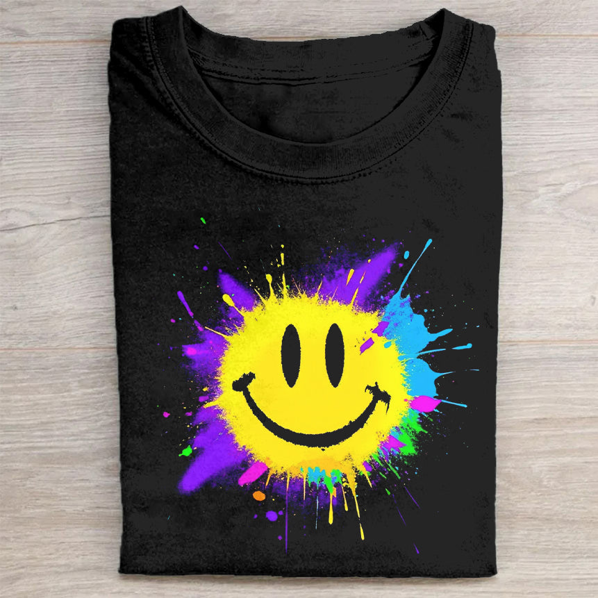 Colorful Splash Smiley Face Black T-Shirt