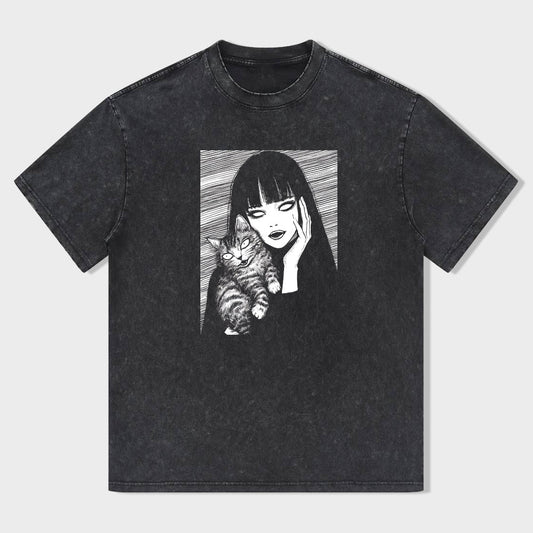 Black Graphic T-Shirt with Vintage Anime Girl and Cat Design for Women Men Unisex