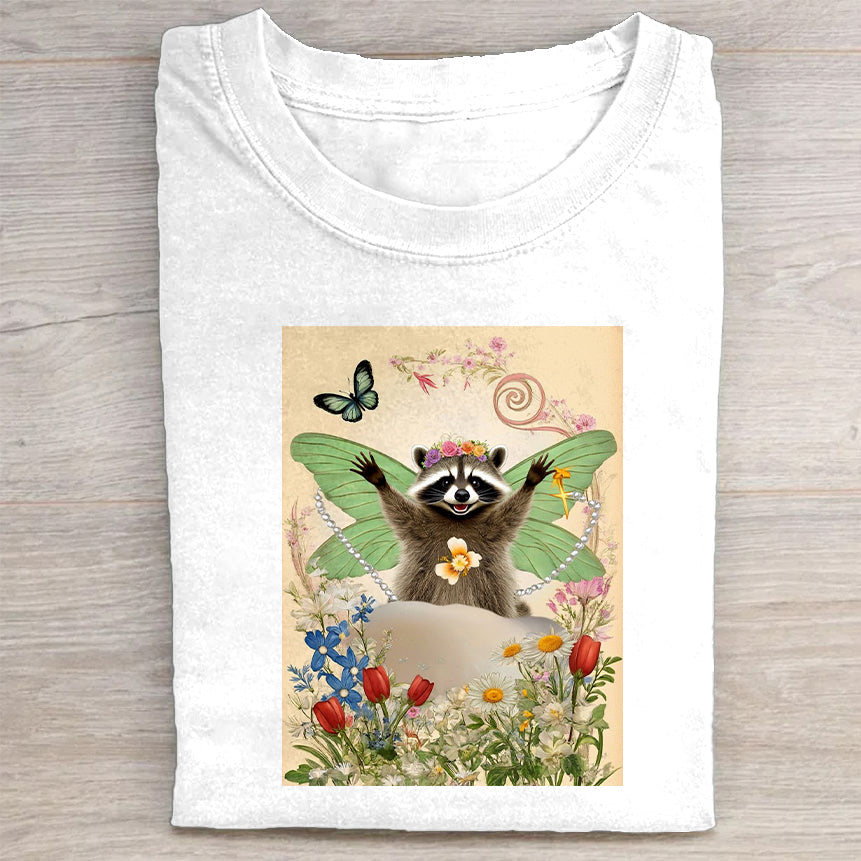 Cute Raccoon with Fairy Wings and Flowers Print T-Shirt
