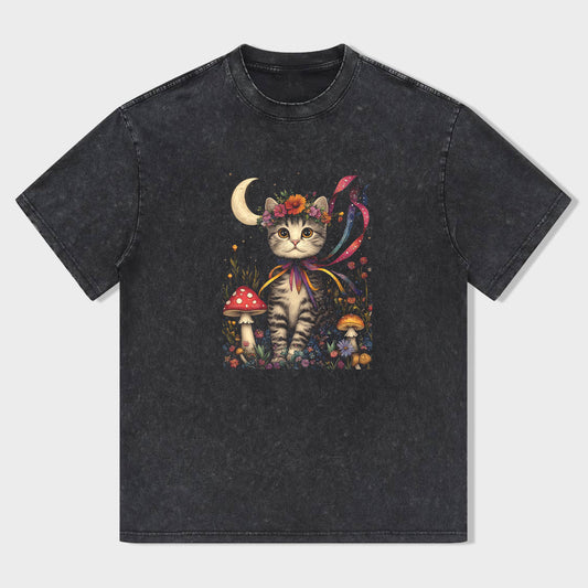 Cute Cat with Mushrooms and Moon Graphic T-Shirt