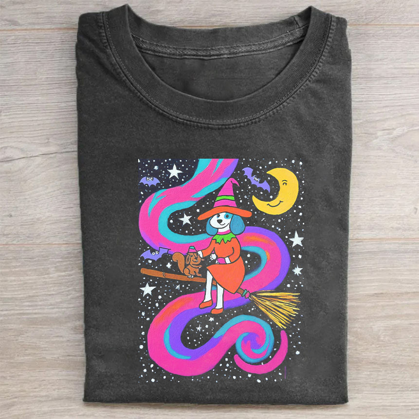 Witch Riding Broomstick with Cat Halloween Graphic T-Shirt