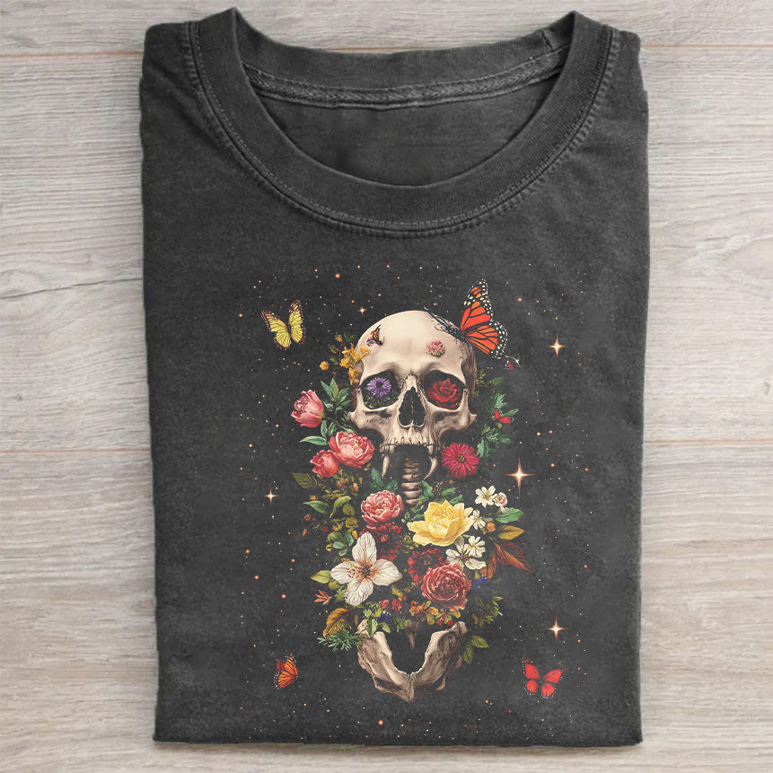 Round Neck Black T-Shirt with Skull Floral Print for Casual Wear