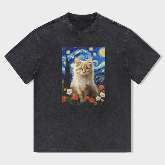 Classic Crew Neck Black T-Shirt with Van Gogh Cat Art Print for Casual Wear
