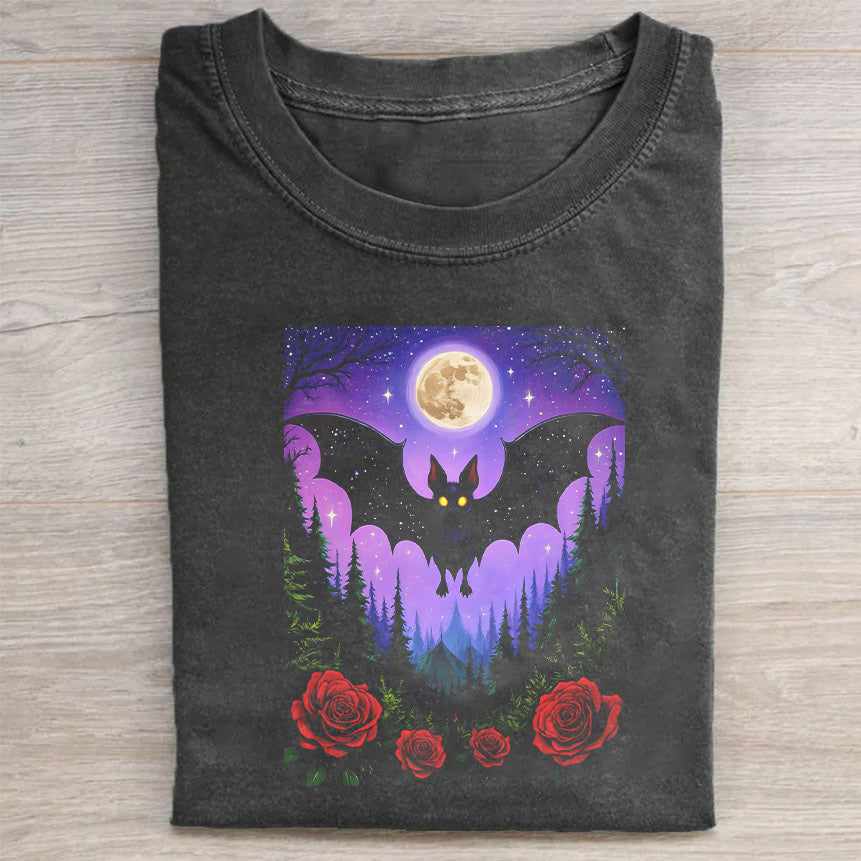 Halloween Bat Moon Night Forest Roses Graphic T-Shirt