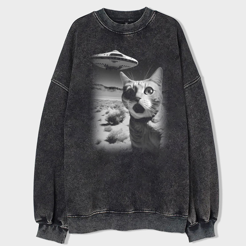 Cat Selfie With UFO Art Acid Wash Sweatshirt - heygraff