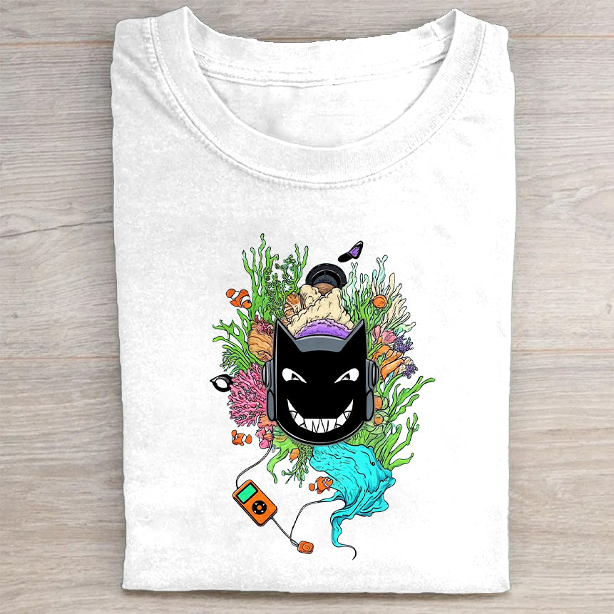 Round Neck White T-Shirt with Colorful Monster and Floral Design for Casual Wear
