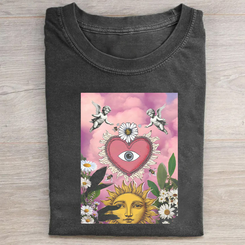 Psychedelic Art T-Shirt with Heart and Sun Design for Women Men Unisex Graphic Tee