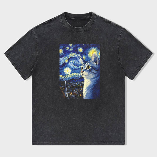 Round Neck Black T-Shirt with Van Gogh Starry Night Cat Print for Casual Wear