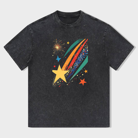 Short Sleeve Black T-Shirt with Colorful Star and Comet Print for Casual Wear