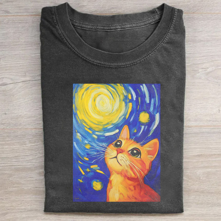 Van Gogh Starry Night Cat Art Print Men's Graphic T-Shirt