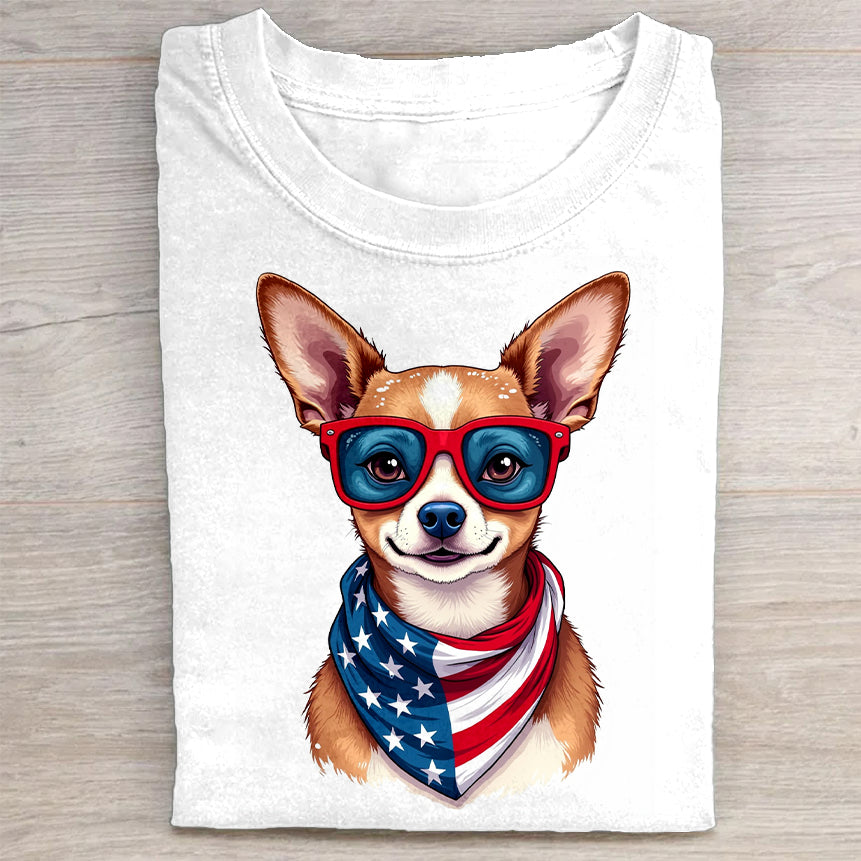 Patriotic Chihuahua with American Flag Bandana and Sunglasses T-Shirt
