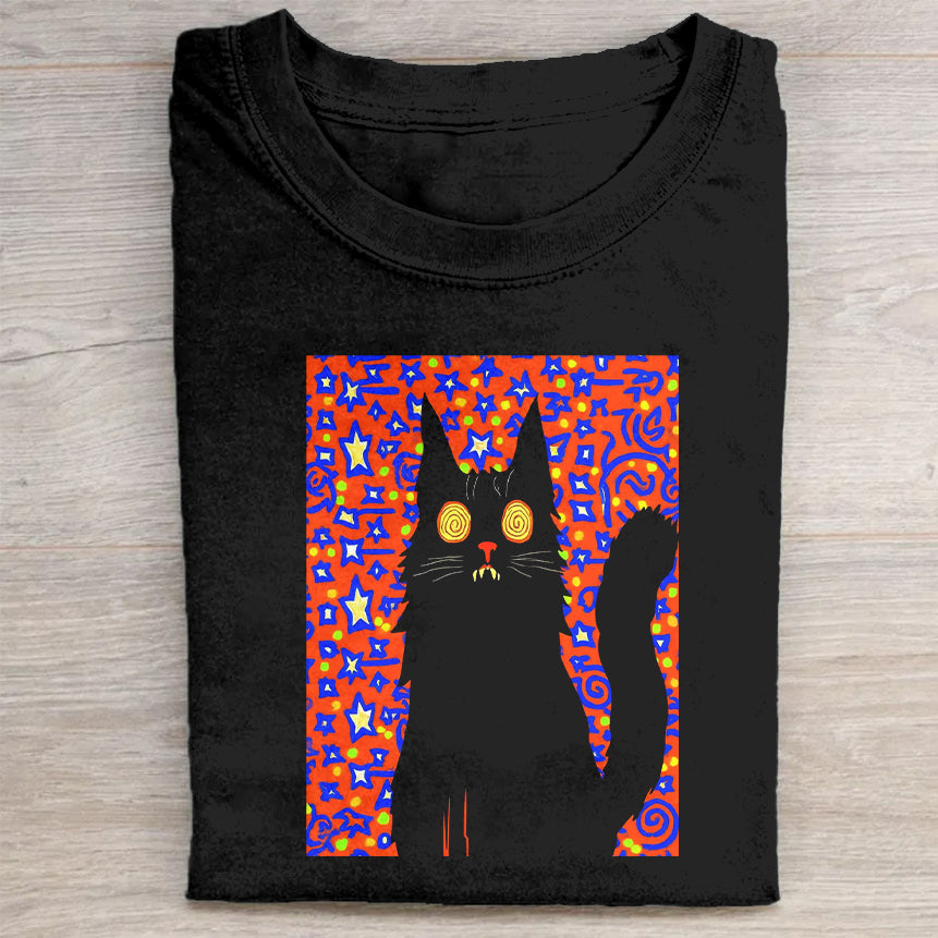 Black T-Shirt with Colorful Cat Graphic Design
