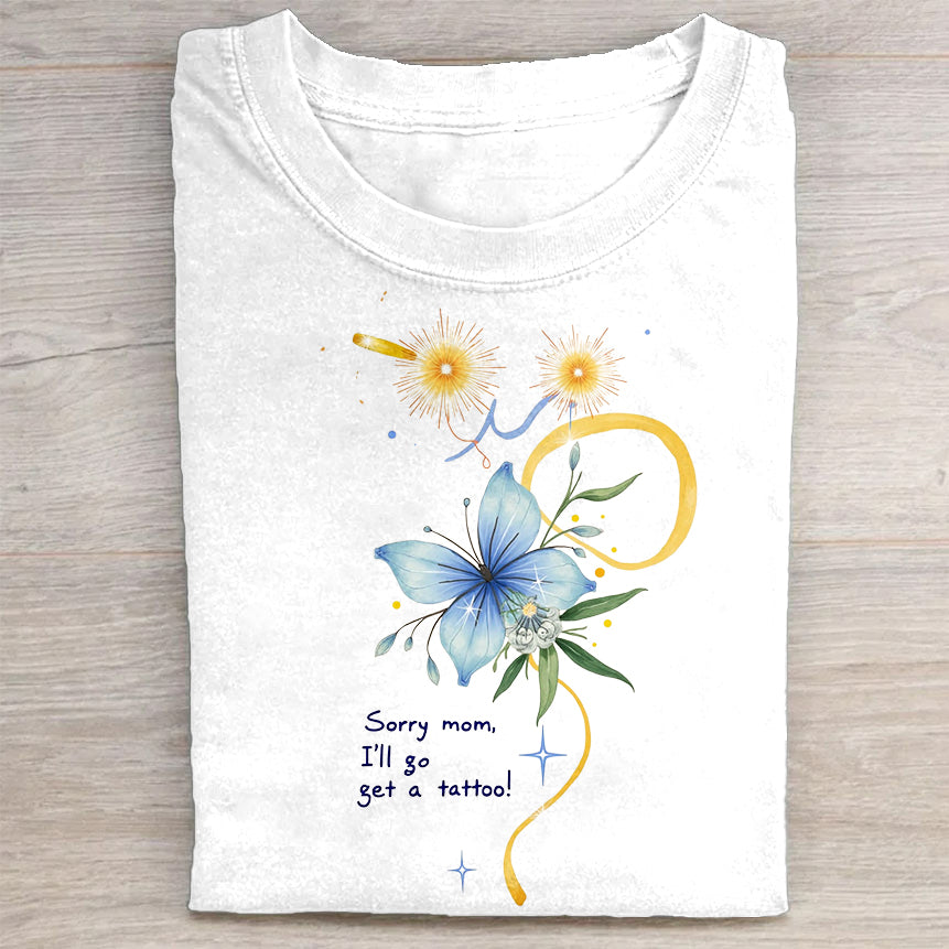 Blue Floral Design White T-Shirt