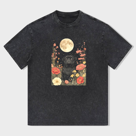 Black Labrador with Flowers and Moon Graphic T-Shirt