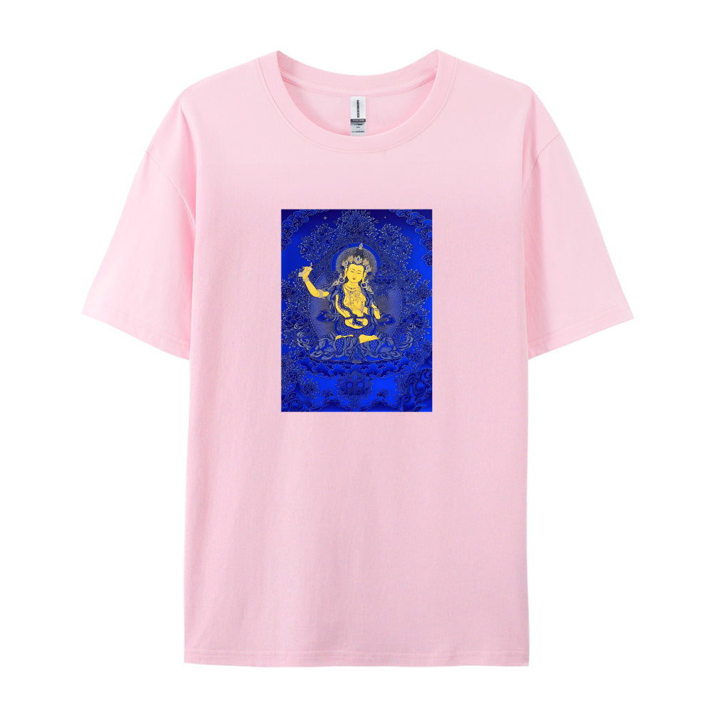 Buddhist Deity Art Print White T-Shirt for Men Women Casual Wear Spiritual Clothing Meditation Apparel Unique Design Graphic Tee
