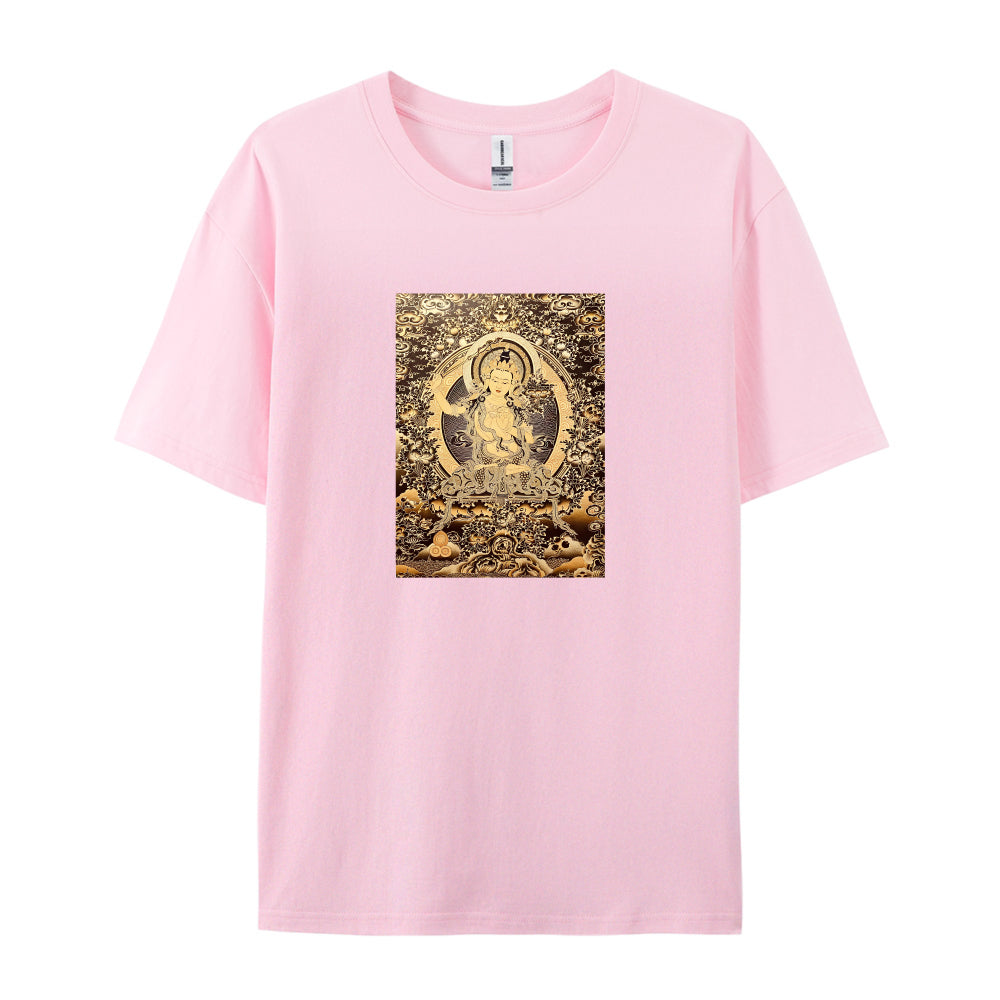 Buddhist Deity Art Print T-Shirt for Men Women Spiritual Meditation Clothing Unique Design Graphic Tee Comfortable Casual Wear Gold and Brown Pattern Top
