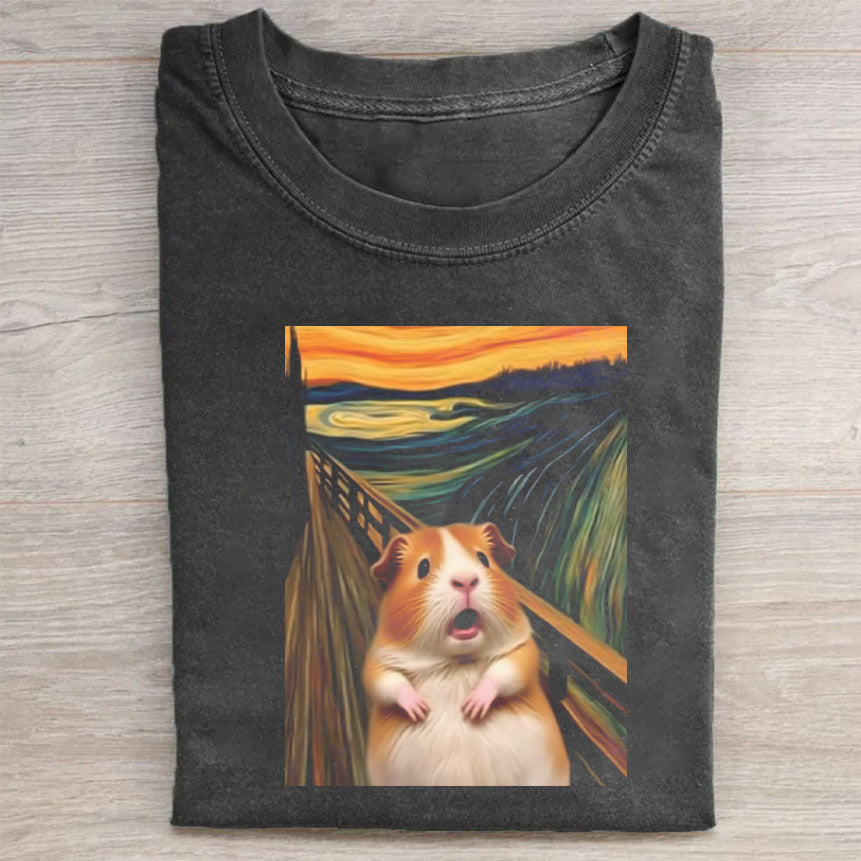 Short Sleeve Black T-Shirt with Scream Hamster Art Print for Casual Wear