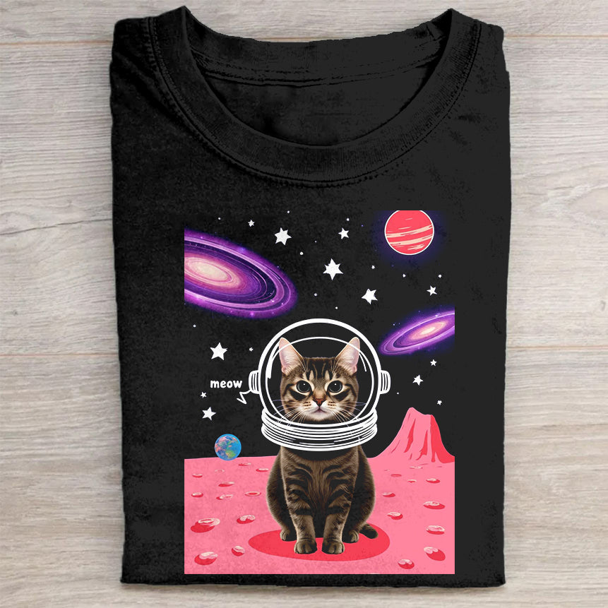 Cute Cat Astronaut Galaxy Print T-Shirt