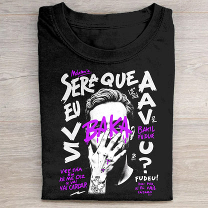 Trendy man covering face print tee with pink and white text design