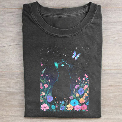 Black Cat in Garden Graphic T-Shirt