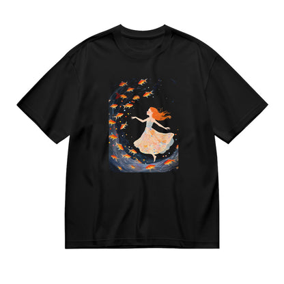 Black T-Shirt with Girl and Leaves Graphic Design - Unique Art Print T-Shirt