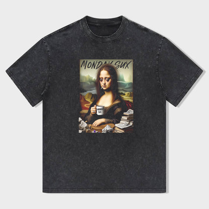 Classic T-Shirt Black Mona Lisa with Coffee MONDAY SUX Print for Casual Wear