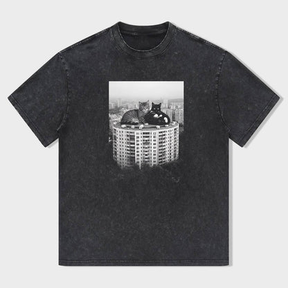 Black Graphic T-Shirt with Cat Print - Oversized Fit T-Shirt